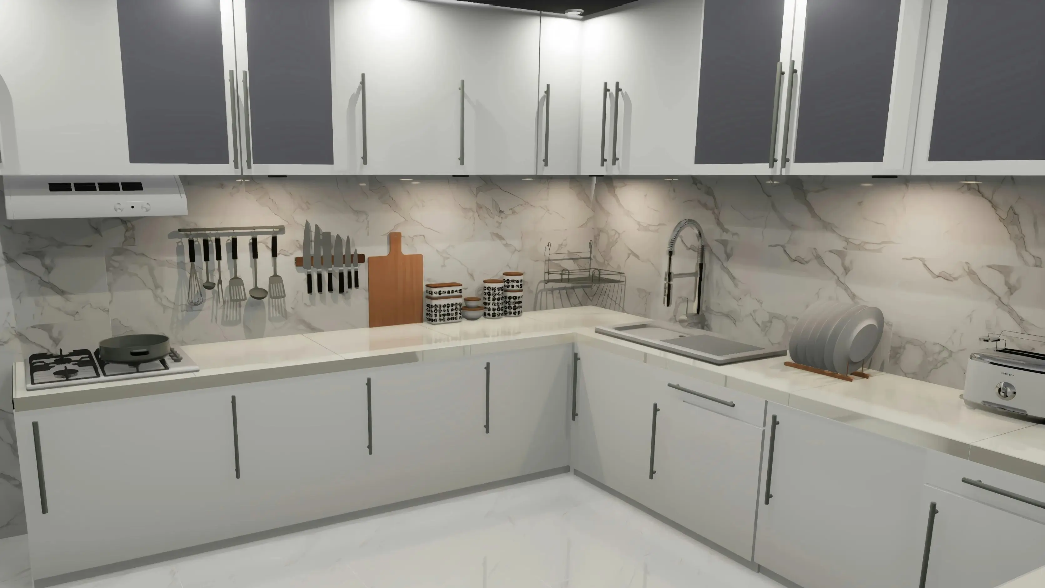 Cocina moderna con muebles blancos, salpicadero tipo mármol, encimera blanca, cocina a gas, campana extractora, utensilios colgados y zona de lavado con fregadero y escurridor